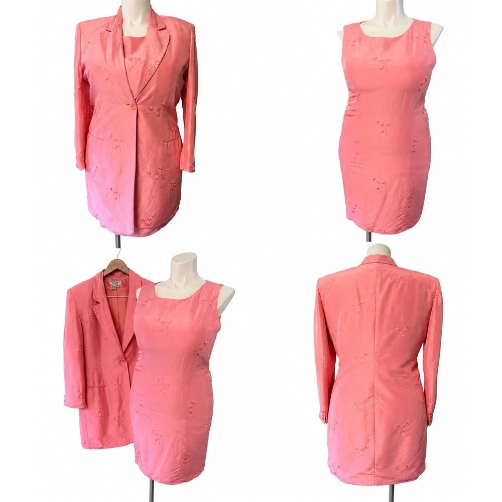 VTG Newport News Womens Dress W/ Long Jacket Silk Pink Embroidered‎ Sz 18